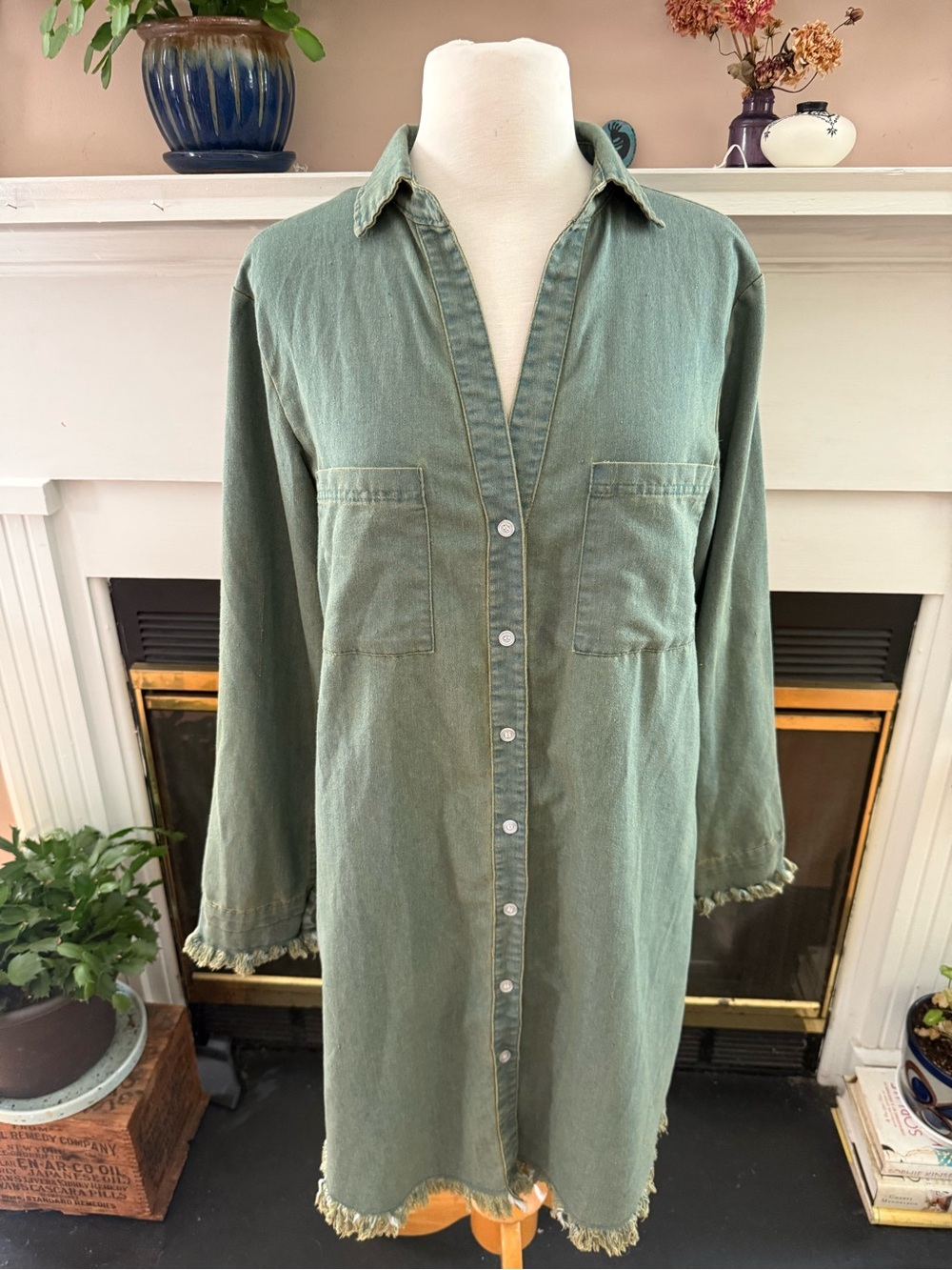 Francis Cabrel chocolate brown washed denim chambray button down mini dress